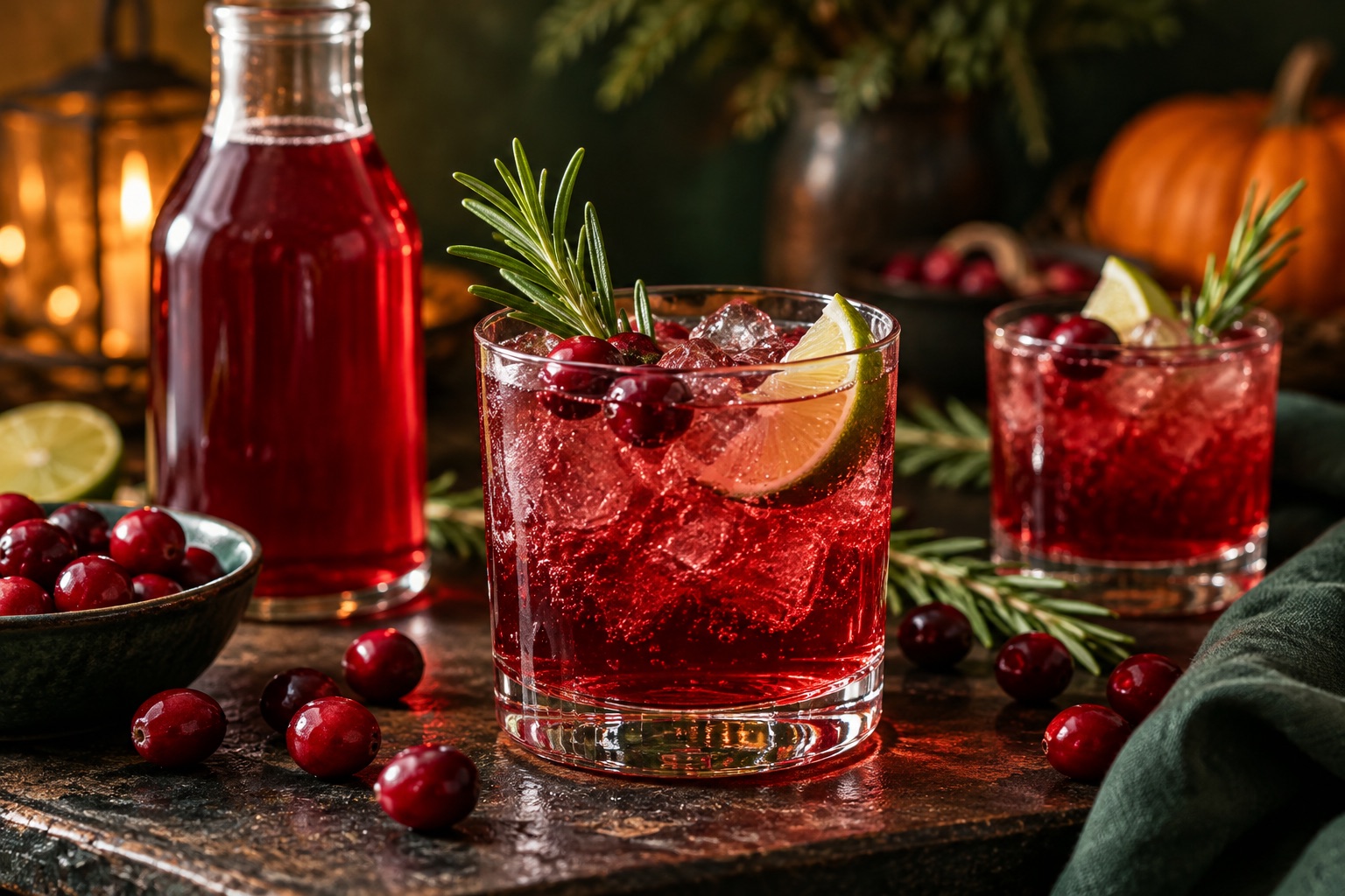 Illustrative cranberry-red sparkling drink with lime